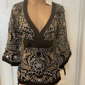 NWT NEW $89 ECI New York Embroidered Peeaboo Kimono B/W Top sz 2